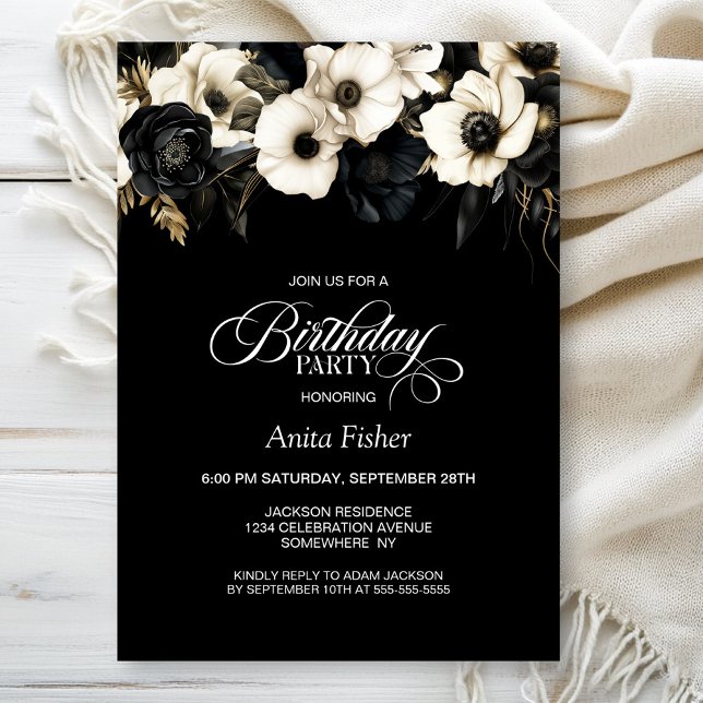 Black and White Floral Any Age Birthday Party Invitation (Creator Uploaded)