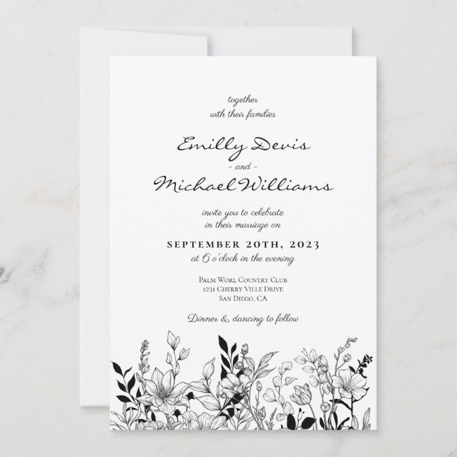 Black and White Floral Art Wedding Invitation (Front)