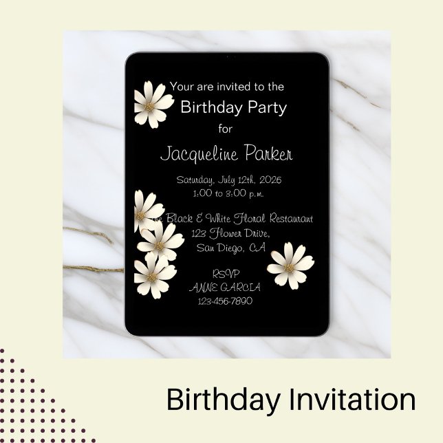Black and White Floral Birthday Invitation (Creator Uploaded)