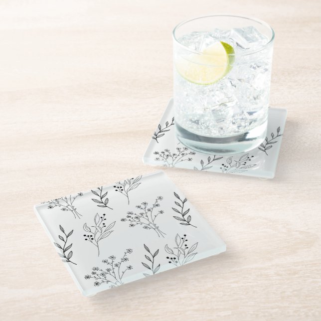 Black and White Floral Boho Wedding Glass Coaster (Angled)