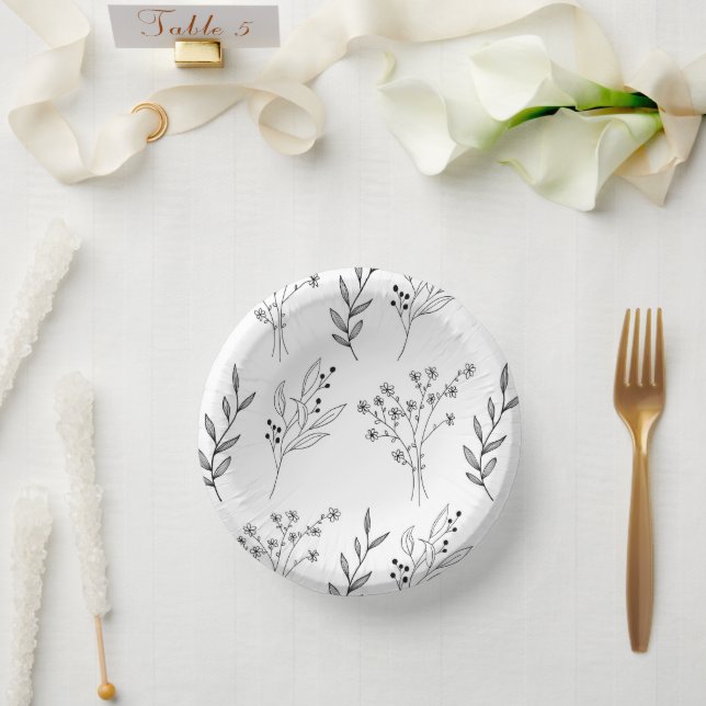 Black and White Floral Boho Wedding Paper Plate (Wedding)