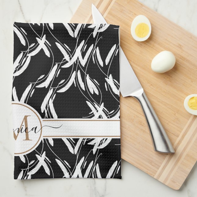 Black and White Floral Botanical Gold Monogrammed Tea Towel (Quarter Fold)