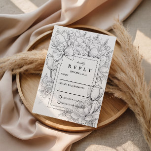 Black and White Floral Bow Wedding RSVP Card