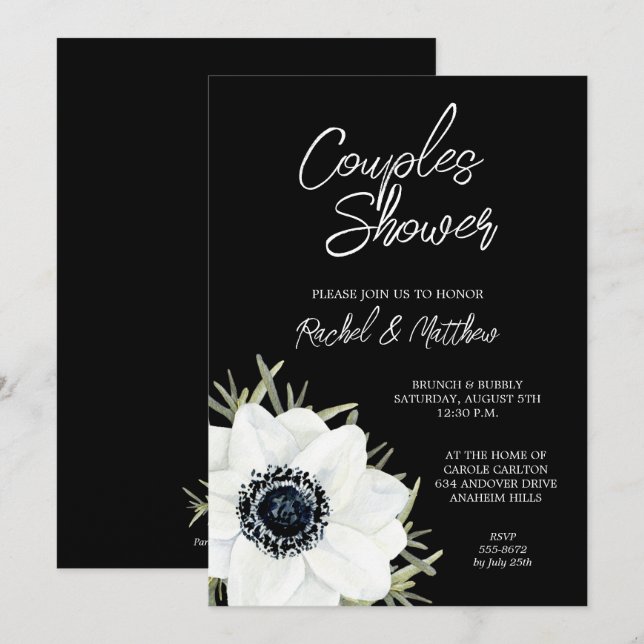 Black and White Floral Bridal Shower Invitations (Front/Back)
