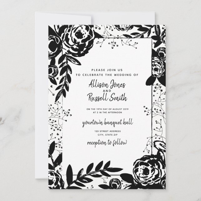 Black and White Floral Calligraphy Wedding Invitation (Front)