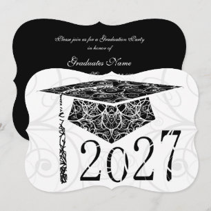 Black and White Floral Cap 2027 Graduation Party Invitation