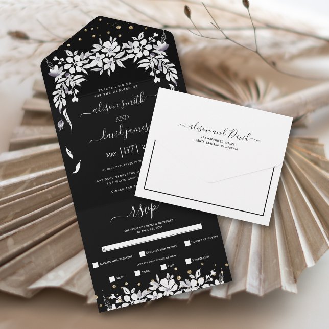 Black and white floral cascading garland wedding all in one invitation (Creator Uploaded)