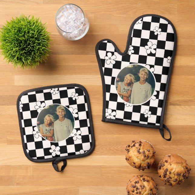 Black and White Floral Chess Board Custom Photo Oven Mitt & Pot Holder Set (Top Down)