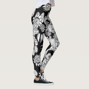 Black and White Floral Comfy Yoga Pants Leggings