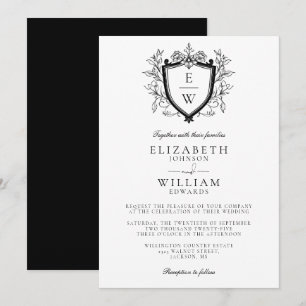 Black And White Floral Crest Monogram Wedding Invitation