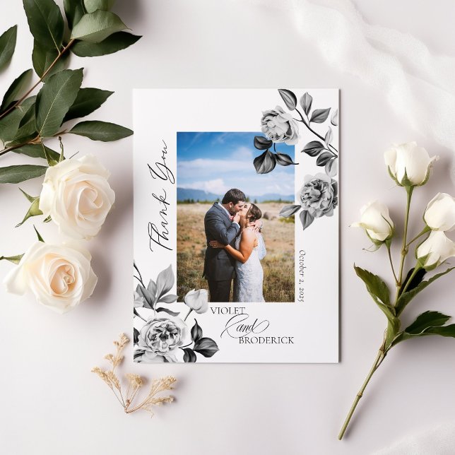 Black and White Floral Customisable Thank You Card (Creator Uploaded)
