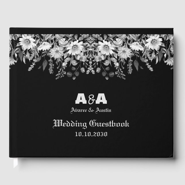 Black and White Floral Daisy Border Guest Book (Front)