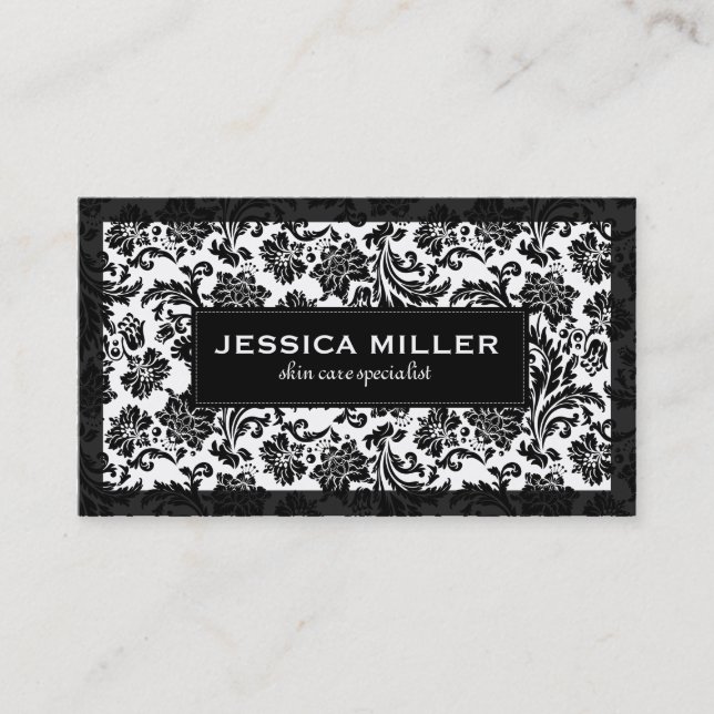 Black And White Floral Damask Business Card (Front)