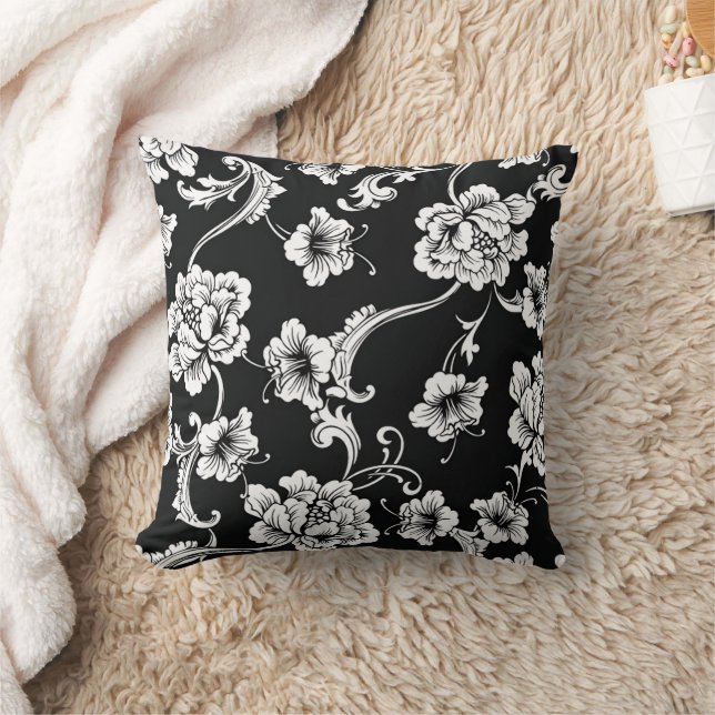 Black and White Floral Damask Cushion (Blanket)