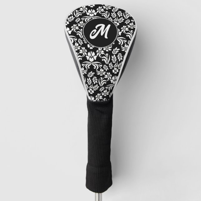 Black and White Floral Damask Custom Monogram Golf Head Cover (Front)