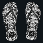 Black and White Floral Damask Monogram Jandals<br><div class="desc">Custom printed flip flop sandals with a stylish elegant floral damask pattern and your custom monogram or other text in a circle frame. Click Customise It to change text fonts and colours or add your own images to create a unique one of a kind design!</div>