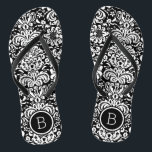 Black and White Floral Damask Monogram Jandals<br><div class="desc">Custom printed flip flop sandals with a stylish elegant floral damask pattern and your custom monogram or other text in a circle frame. Click Customise It to change text fonts and colours or add your own images to create a unique one of a kind design!</div>