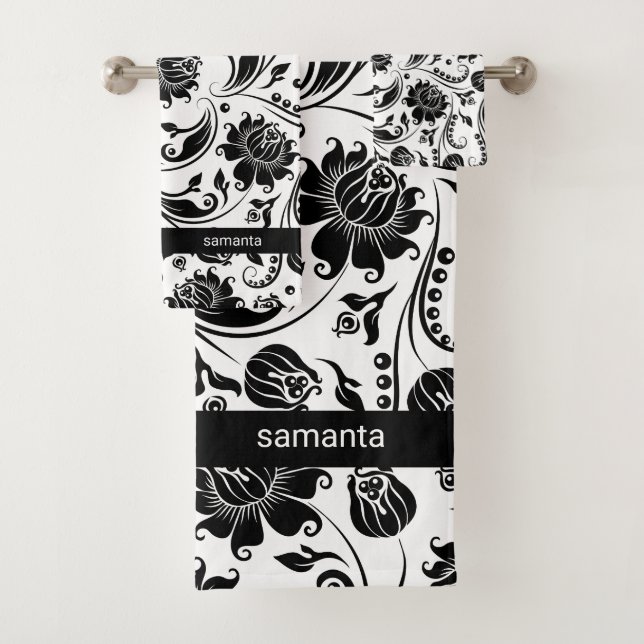 Black And White Floral Damask Pattern Bath Towel Set (Insitu)
