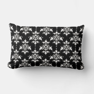 Black and White Floral Damask Pattern Lumbar Cushion