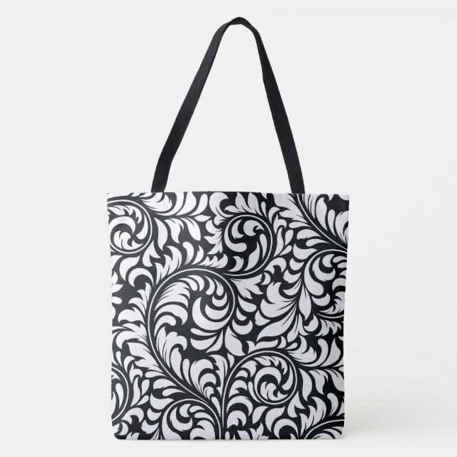 Black and White Floral Damask Print Tote (Front)