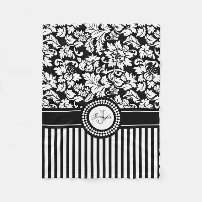 Black And White Floral Damask & Stripes-Monogram Fleece Blanket (Front)