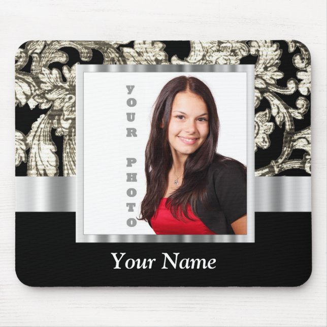 Black and white floral damask template mouse pad (Front)
