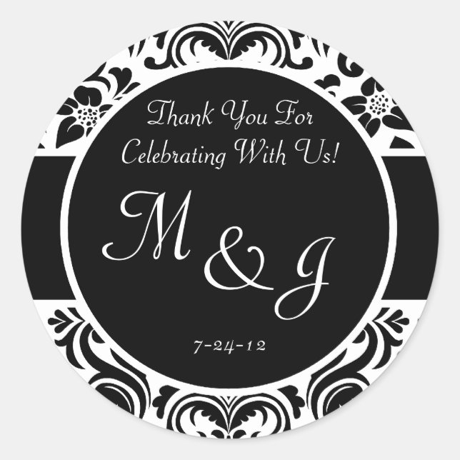 Black and White Floral Damask Wedding Favour Label (Front)