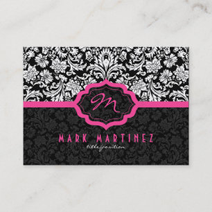 Black And White Floral Damasks Pink Accents Business Card