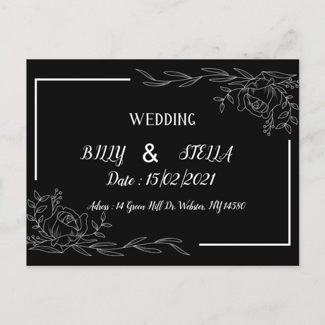 Black and white floral design for wedding announcement postcard (Front)