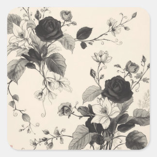 black-and-white floral designs square sticker
