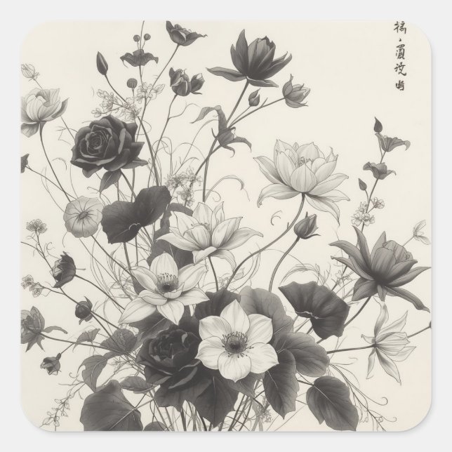black-and-white floral designs, square sticker (Front)