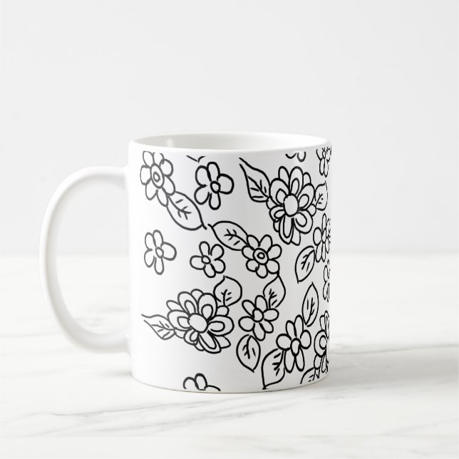 Black and white floral drawing coffee mug (Left)