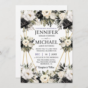 Black and White Floral Flowers Wedding Invitations