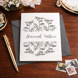 Black and White Floral Folded Thank You Note Cards