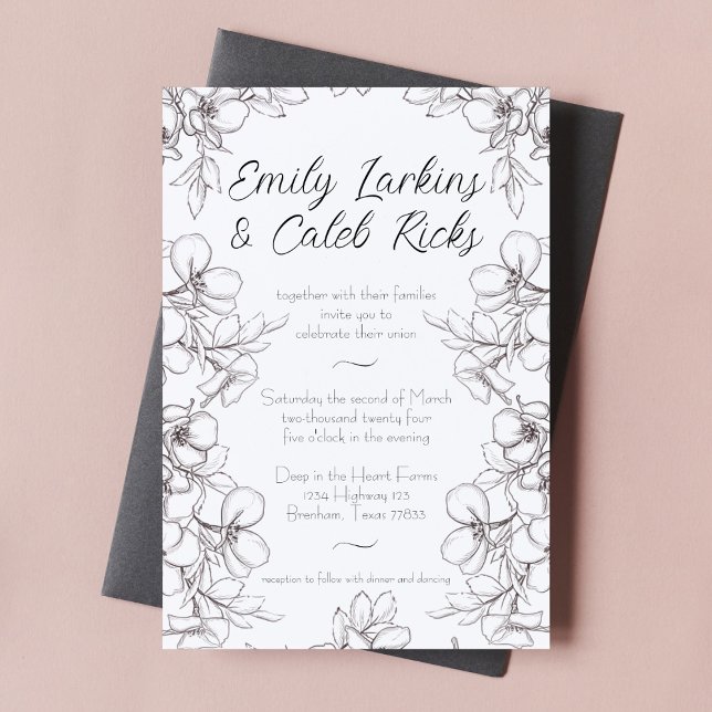 Black and White Floral Frame Line Art Wedding Invitation (black and white line art floral border wedding invitation script cursive typography elegant design)