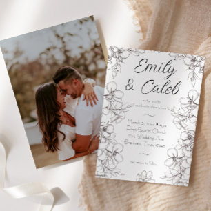 Black and White Floral Frame Photo Wedding Invitation
