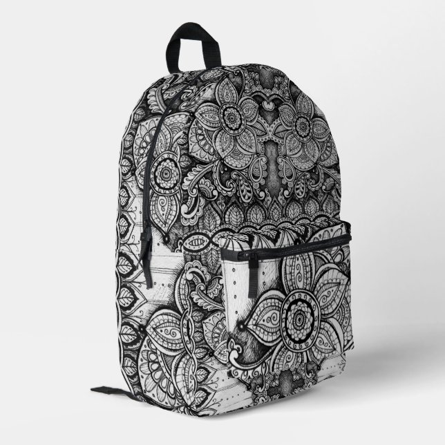 Black and White Floral Garden Boho Chic Paisley  Printed Backpack (Back Corner Left)