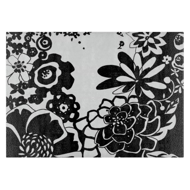 Black and White Floral Garden Graphic Pattern Cutting Board (Front)