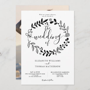 Black and White Floral Garland Photo Wedding Invit Invitation
