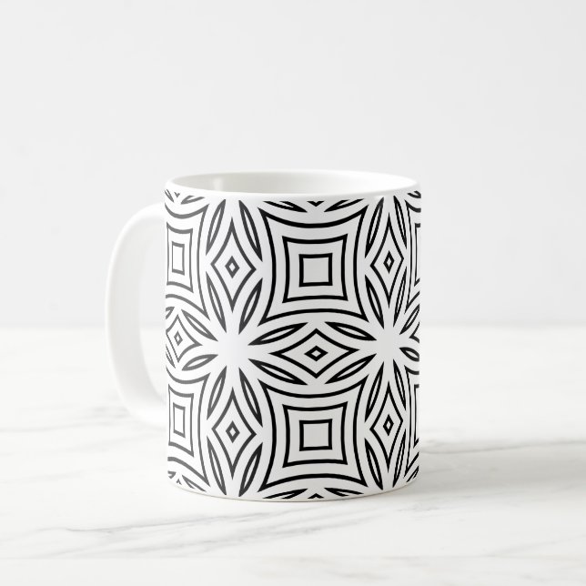 Black and white floral geometric pattern coffee mug (Front Left)