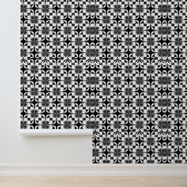 Black and White Floral Geometric Pattern Wallpaper (Application)