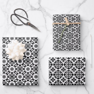Black and White Floral Geometric Tile Pattern Wrapping Paper Sheet