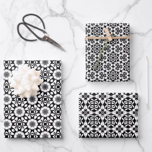 Black and White Floral Geometric Tile Pattern Wrapping Paper Sheet (Front)