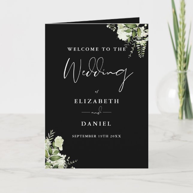 Black And White Floral Greenery Wedding  Programme (Front)