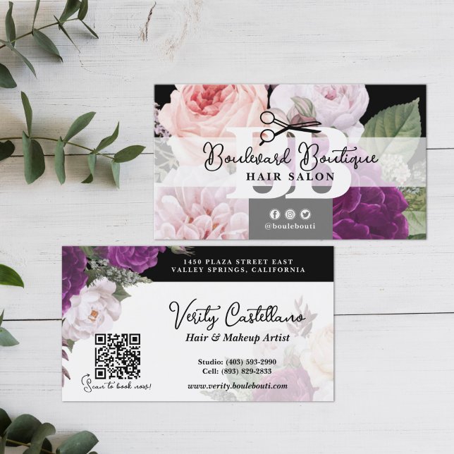 Black and White Floral Hair Salon Stylist QR Code Business Card (Creator Uploaded)