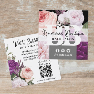 Black and White Floral Hair Salon Stylist QR Code Square Business Card