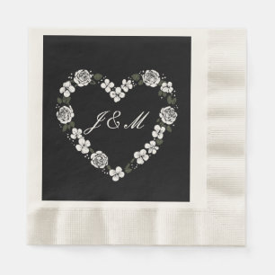 Black and White Floral Heart Wedding Napkins