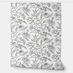 Black and White Floral Illustrated Pattern Wallpaper