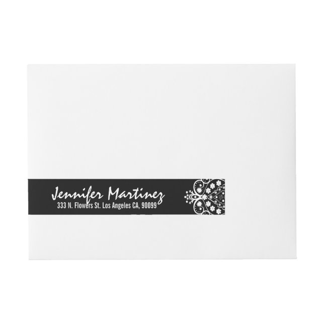Black And White Floral Lace Design Wraparound Address Label (Front)