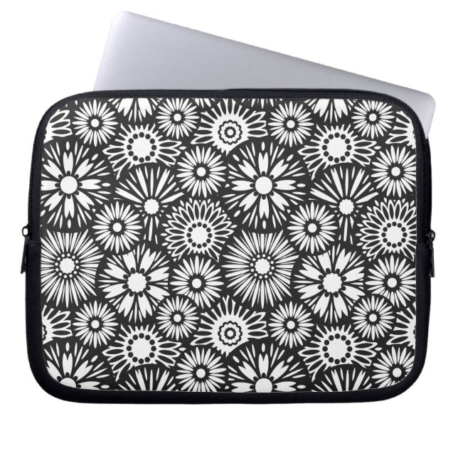 black and white floral Laptop Sleeve (Front)